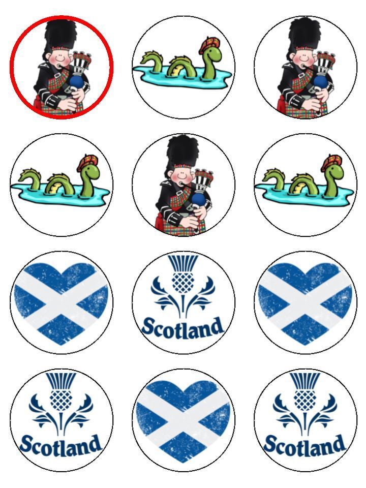 Scottish Scotland theme  edible  printed Cupcake Toppers Icing Sheet of 12 Toppers 