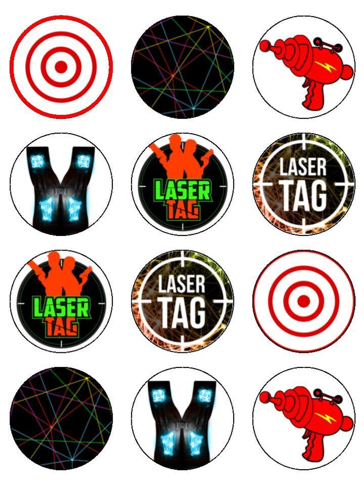 Laser tag game lights fun Edible Printed Cupcake Toppers Icing Sheet of 12 Toppers