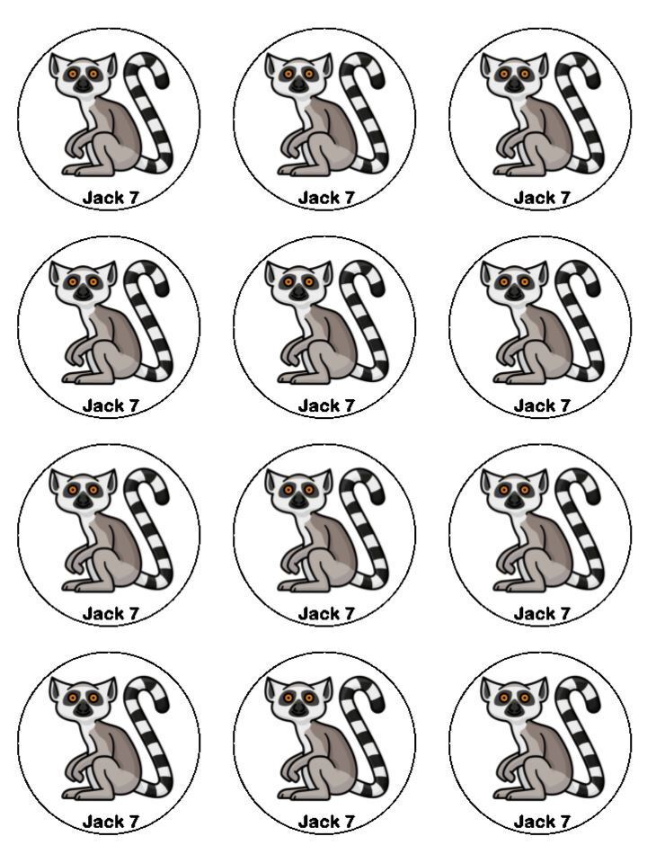 Lemur wild animal Personalised Edible Printed Cupcake Toppers Icing Sheet of 12 Toppers
