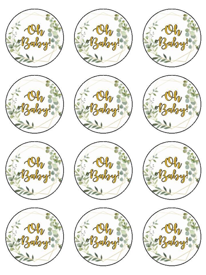 oh baby green gold foliage babyshower  Edible Printed Cupcake Toppers Icing Sheet of 12 Toppers