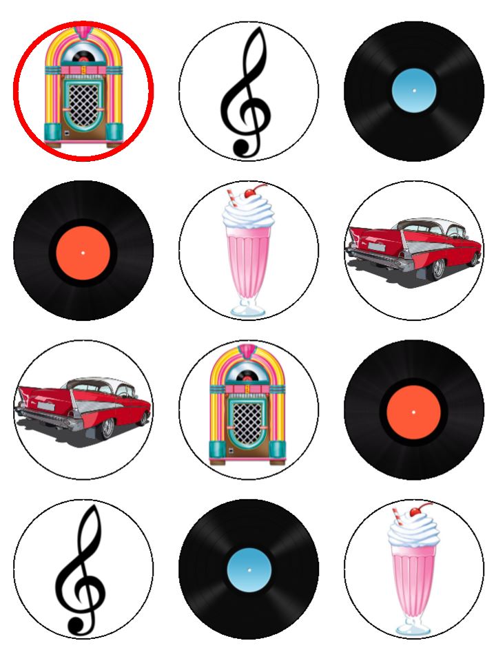 the 50s music record juke box Edible Printed Cupcake Toppers Icing Sheet of 12 Toppers