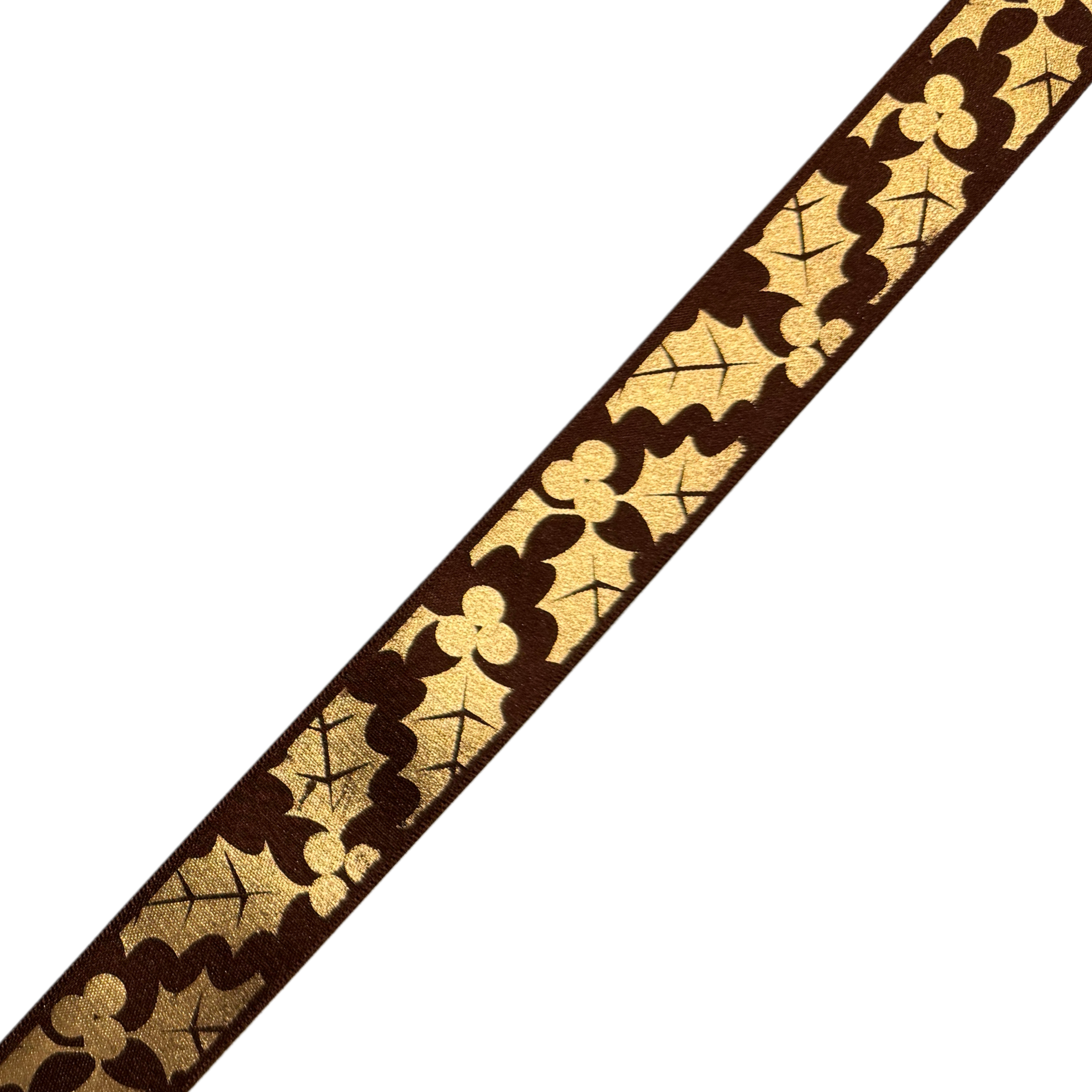 Brown with Gold Holly 25mm Satin Ribbon