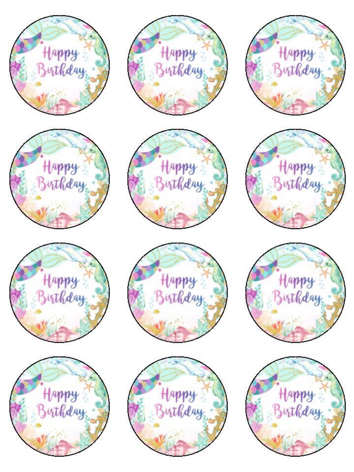 mythical mermaid tail happy birthday Edible Printed Cupcake Toppers Icing Sheet of 12 Toppers