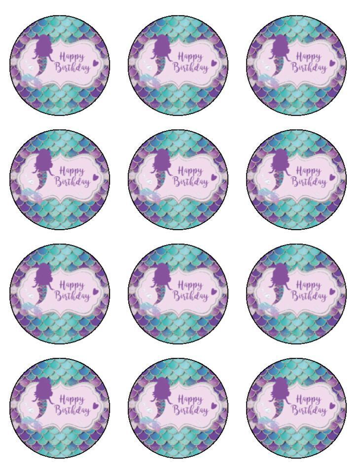 mythical mermaid tail happy birthday Edible Printed Cupcake Toppers Icing Sheet of 12 Toppers Edible Printed Cupcake Toppers Icing Sheet of 12 Toppers