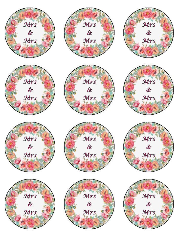 Floral border mrs & mrs wedding Edible Printed Cupcake Toppers Icing Sheet of 12 Toppers