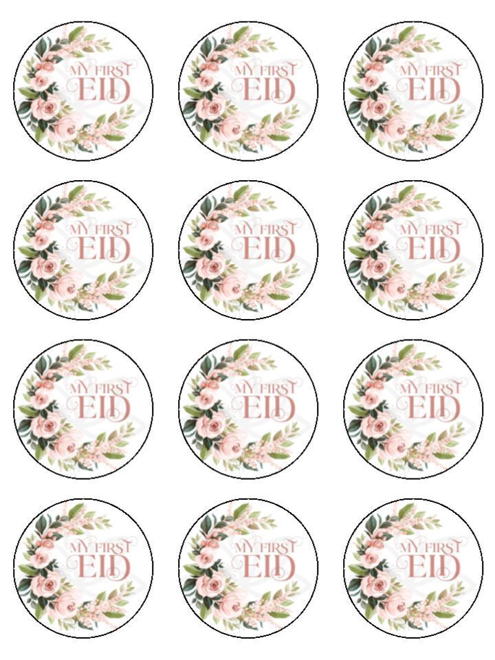 My First EID Pretty Pink Floral Edible Printed Cupcake Toppers Icing Sheet of 12 Toppers