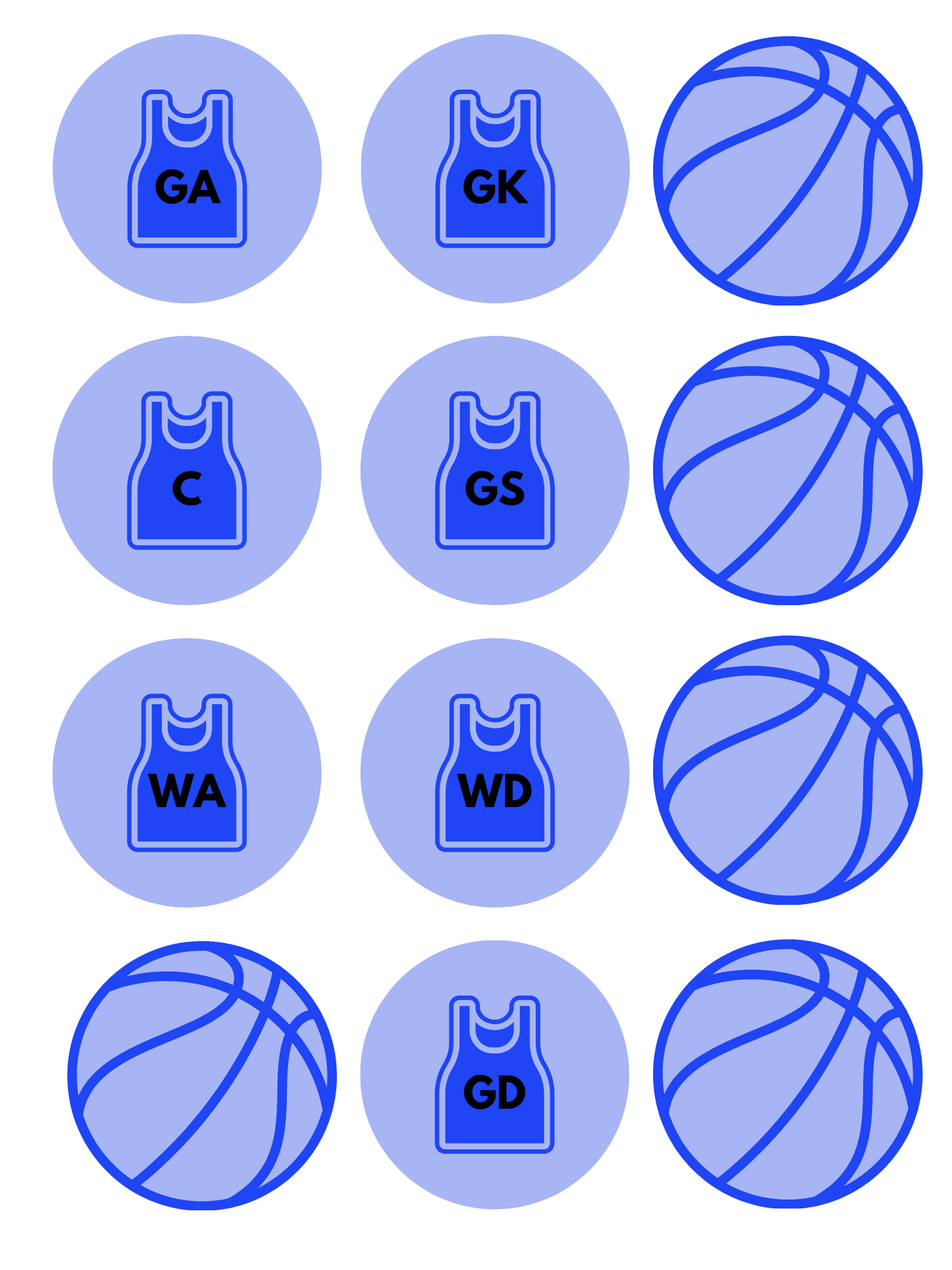 Netball Game Sport Vest Balls Blue Theme edible printed Cupcake Toppers Icing Sheet of 12 Toppers