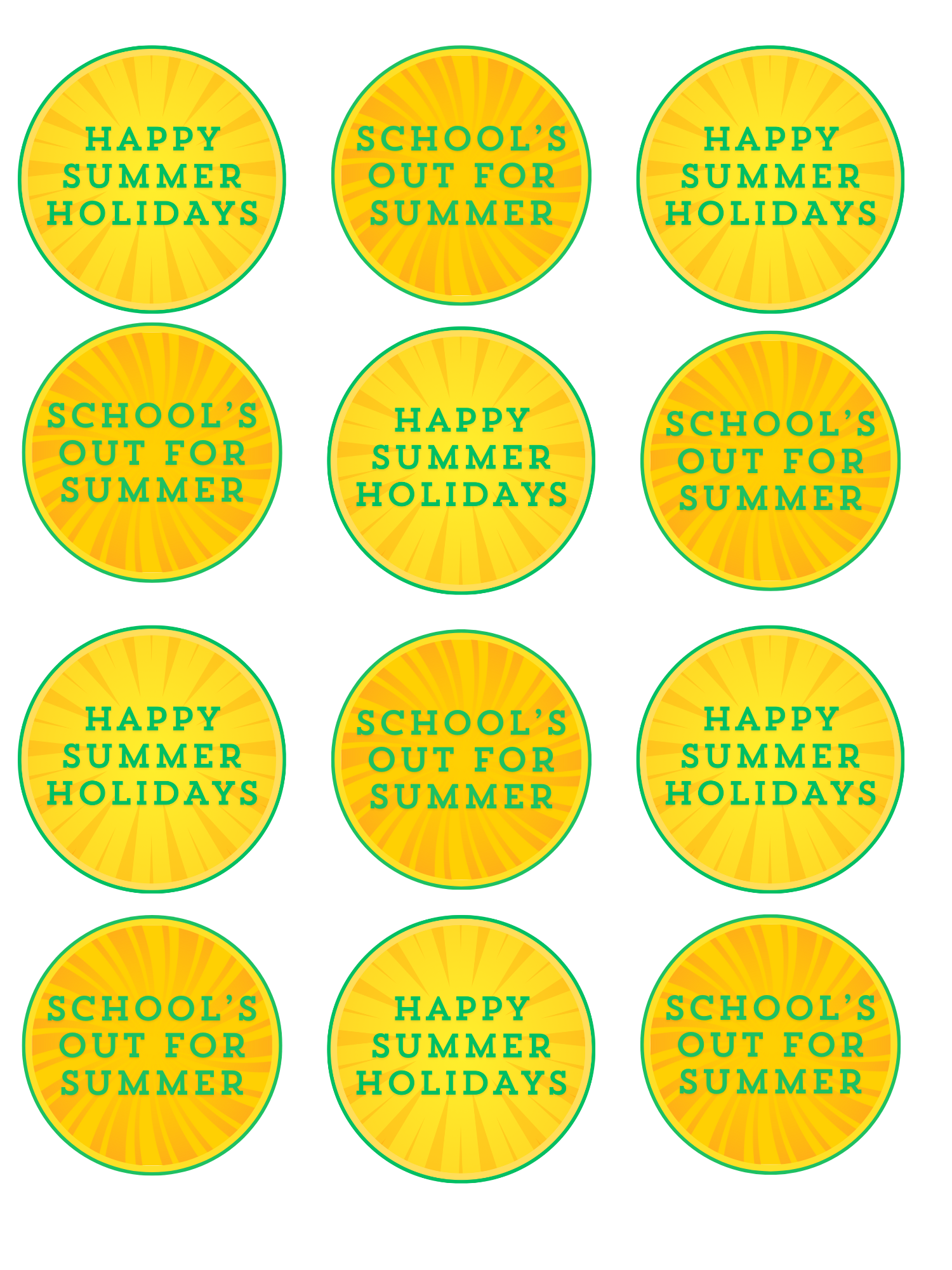 End of School Summer Holidays School's out for Summer edible printed Cupcake Toppers Icing Sheet of 12 Toppers