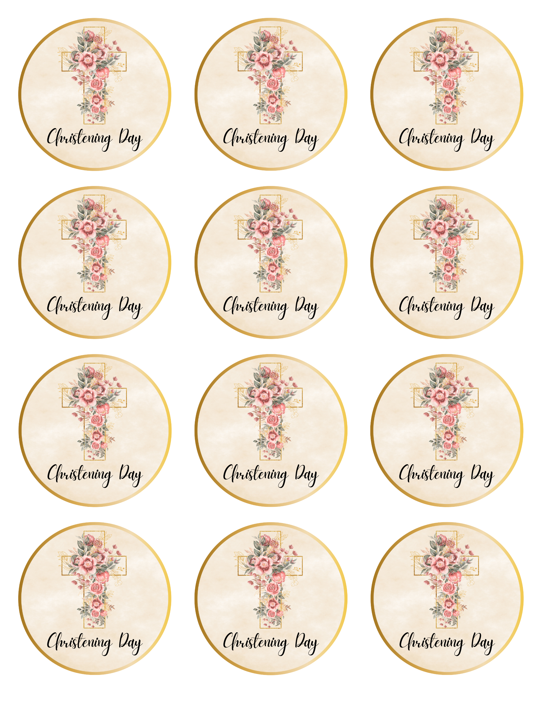 Christening Day Floral Cross edible printed Cupcake Toppers Icing Sheet of 12 Toppers