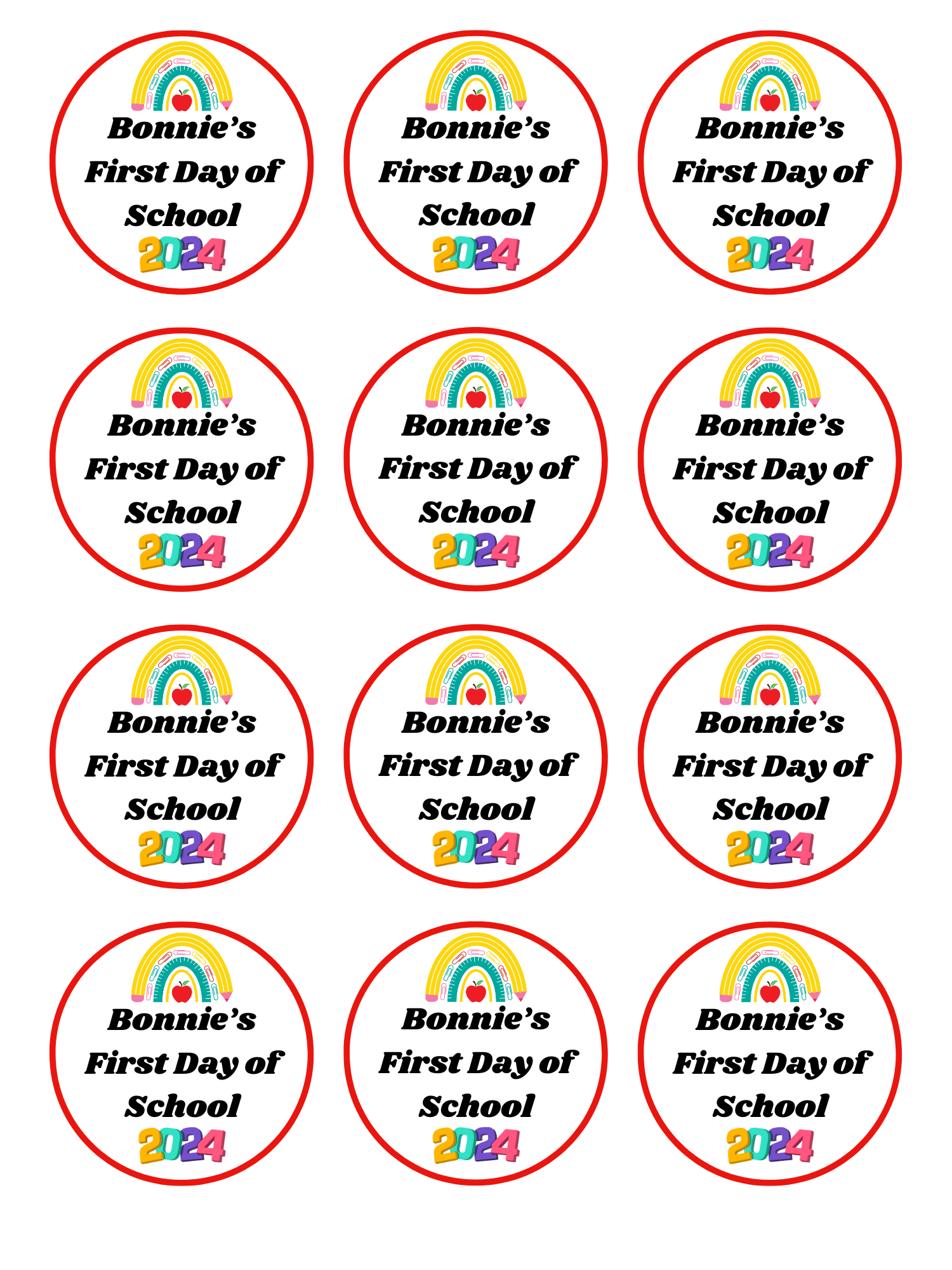 First Day of School 2024 personalised Edible Printed Cupcake Toppers Icing Sheet of 12 toppers