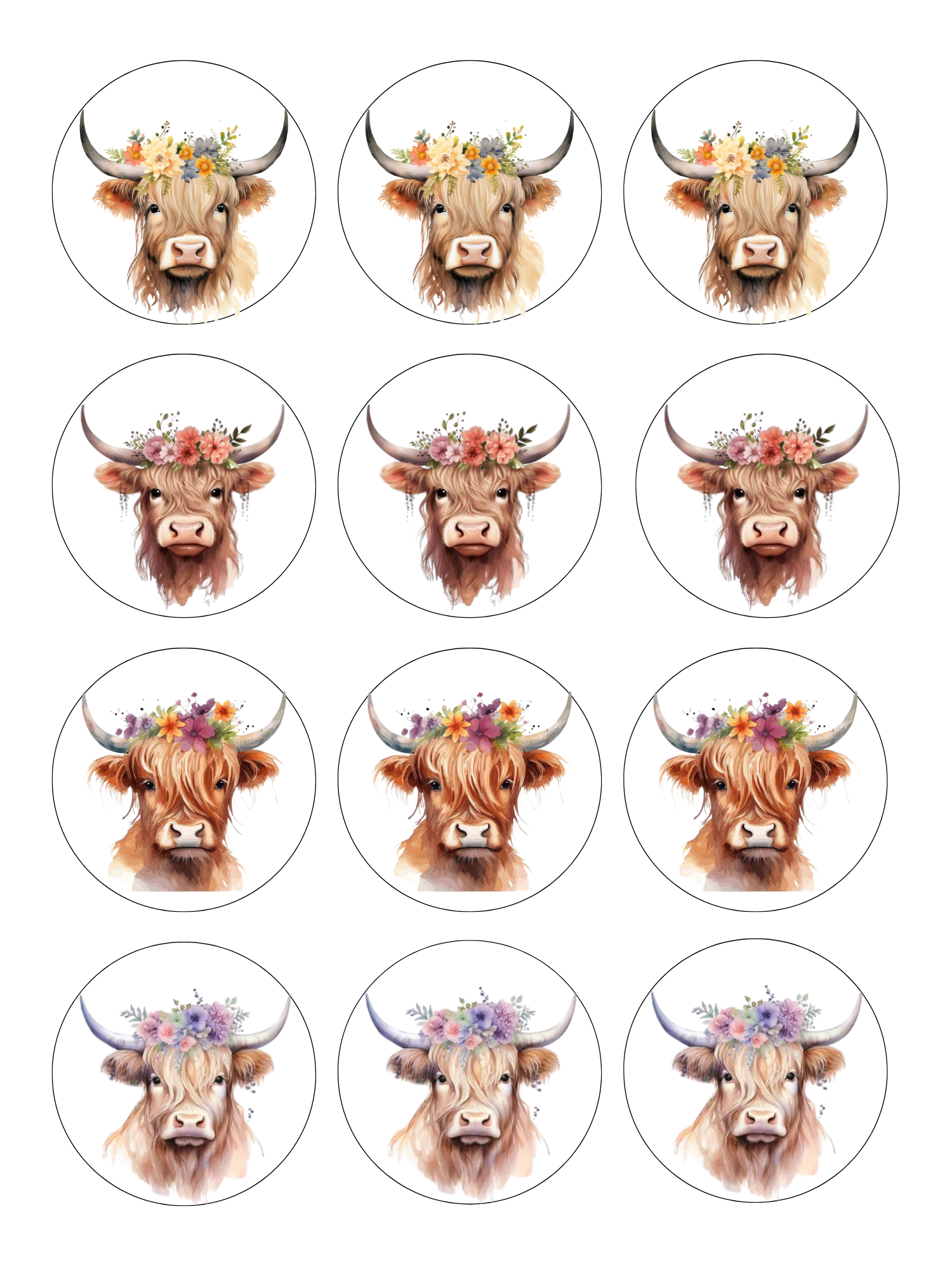 Floral Boho Flower Cows  edible printed Cupcake Toppers Icing Sheet of 12 Toppers