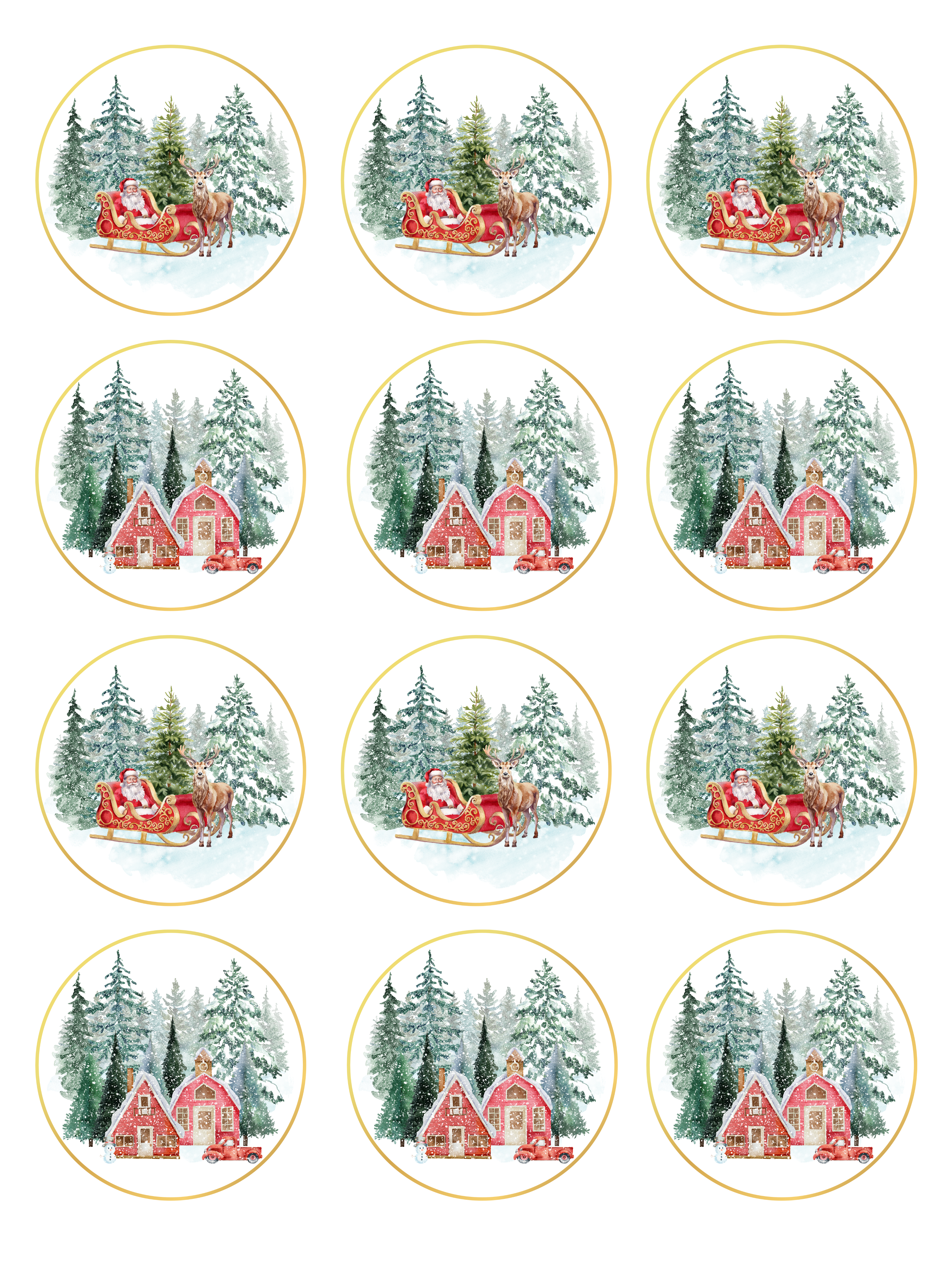 Winter Snow Trees Father Christmas Scene edible printed Cupcake Toppers Icing Sheet of 12