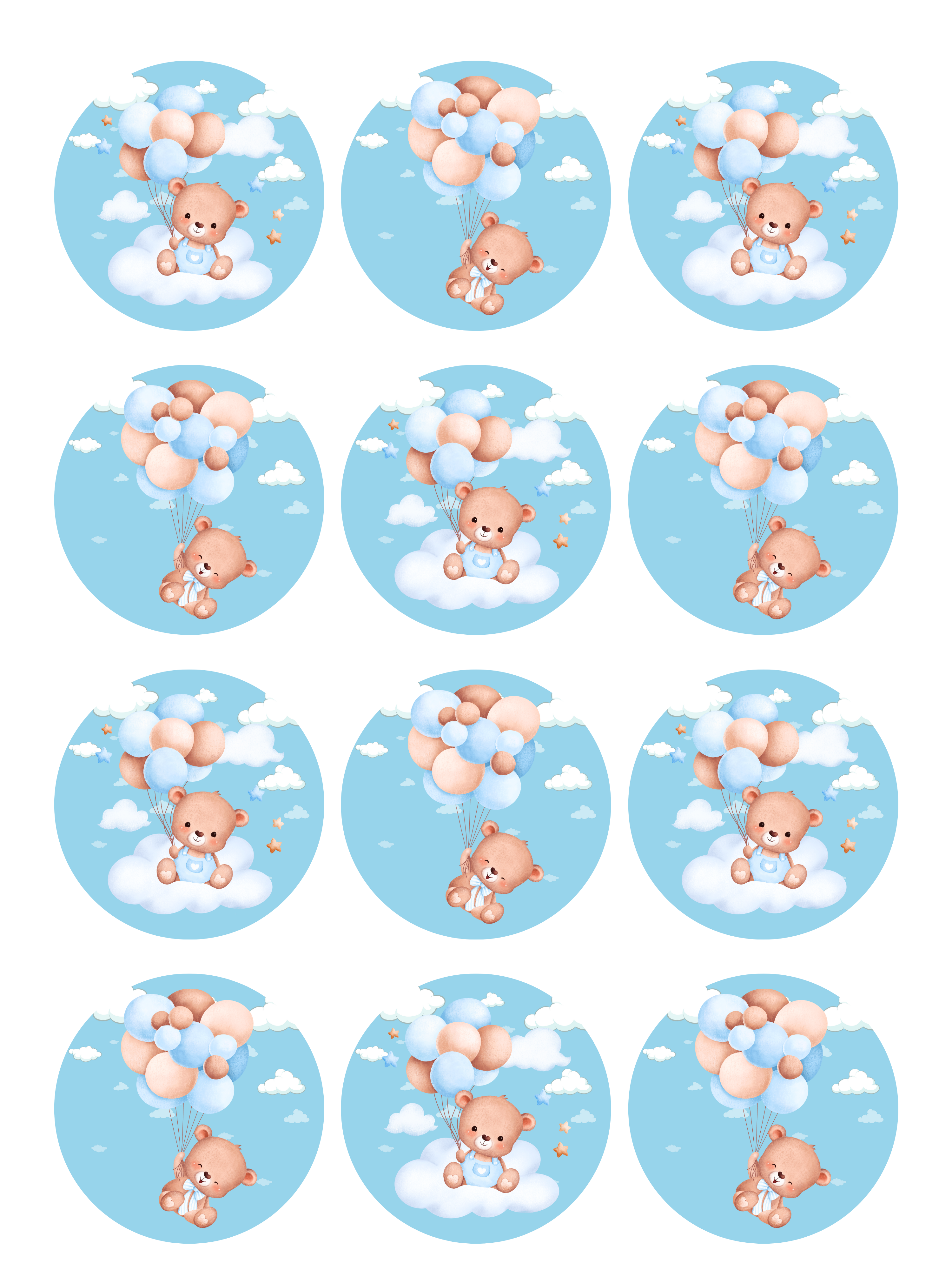 Teddy Bears in Clouds Baby Shower / Baby Boy edible printed Cupcake Toppers Icing Sheet of 12