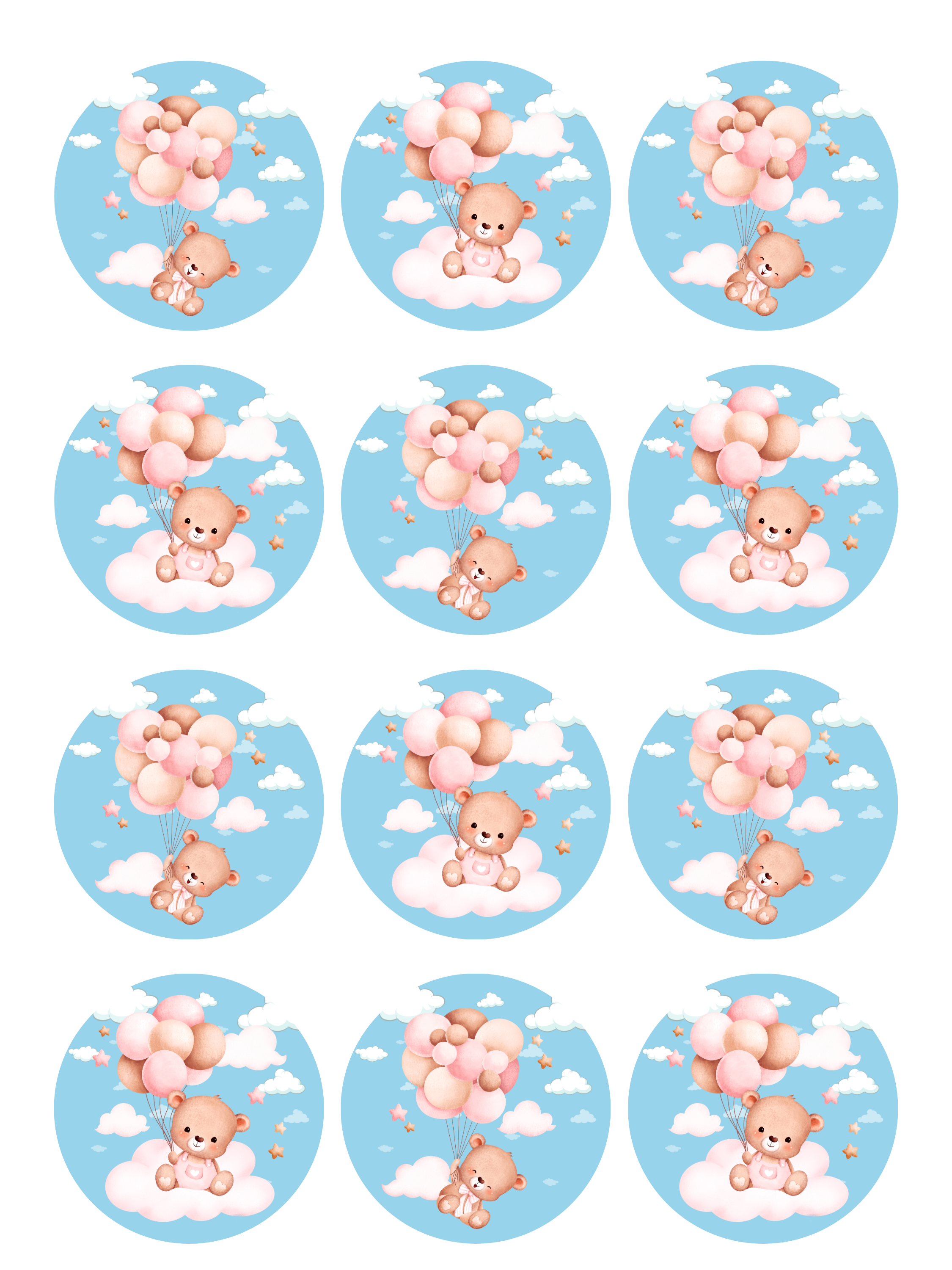 Teddy Bears in Clouds Baby Shower / Baby Girl edible printed Cupcake Toppers Icing Sheet of 12