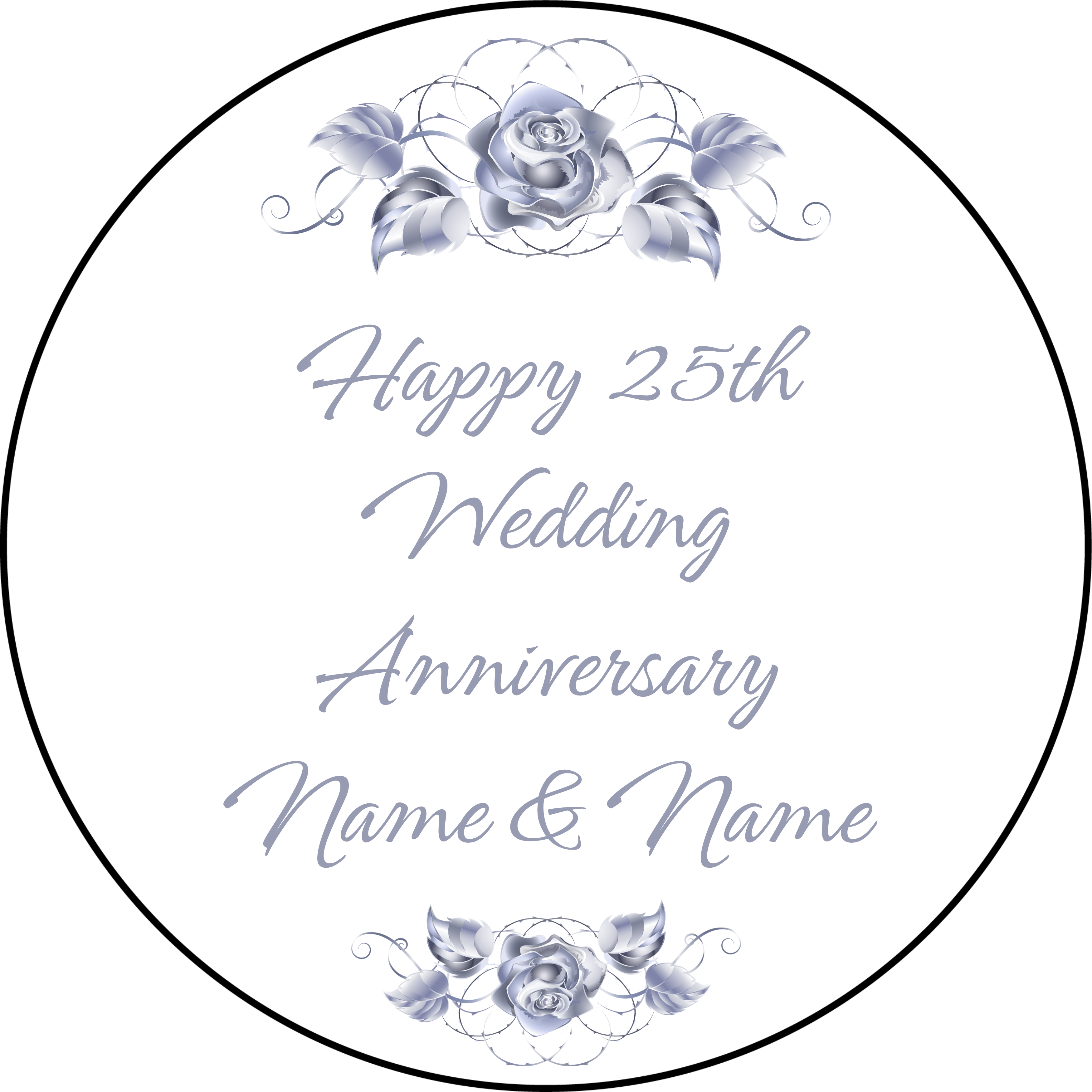 25 2th Silver Wedding Anniversary Personalised Edible Printed Cake Topper Round Icing Sheet