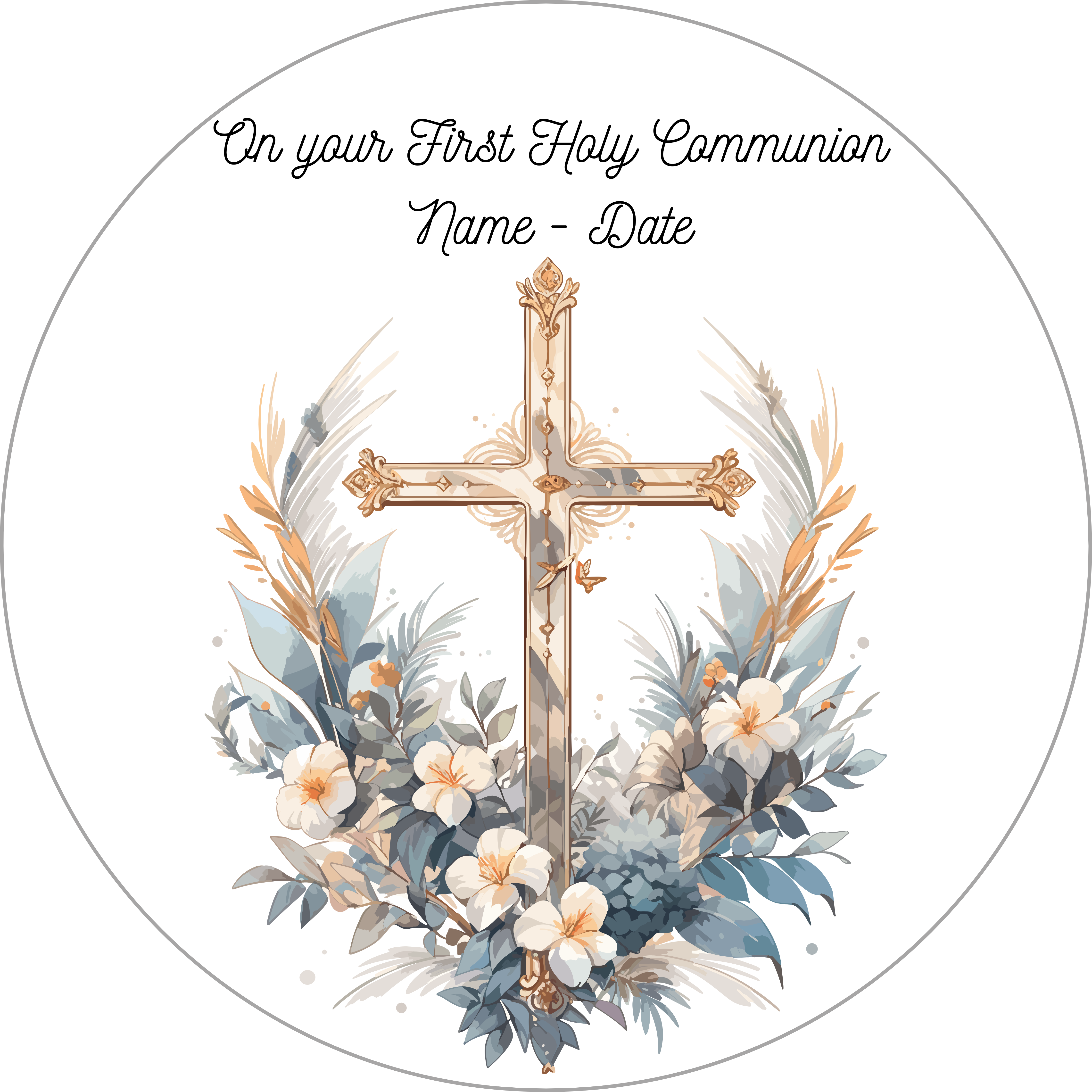 First Holy Communion Floral Cross Personalised Edible Printed Cake Topper Round Icing Sheet