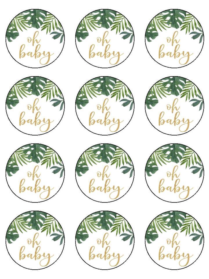 oh baby foliage green baby babyshower Edible Printed Cupcake Toppers Icing Sheet of 12 Toppers