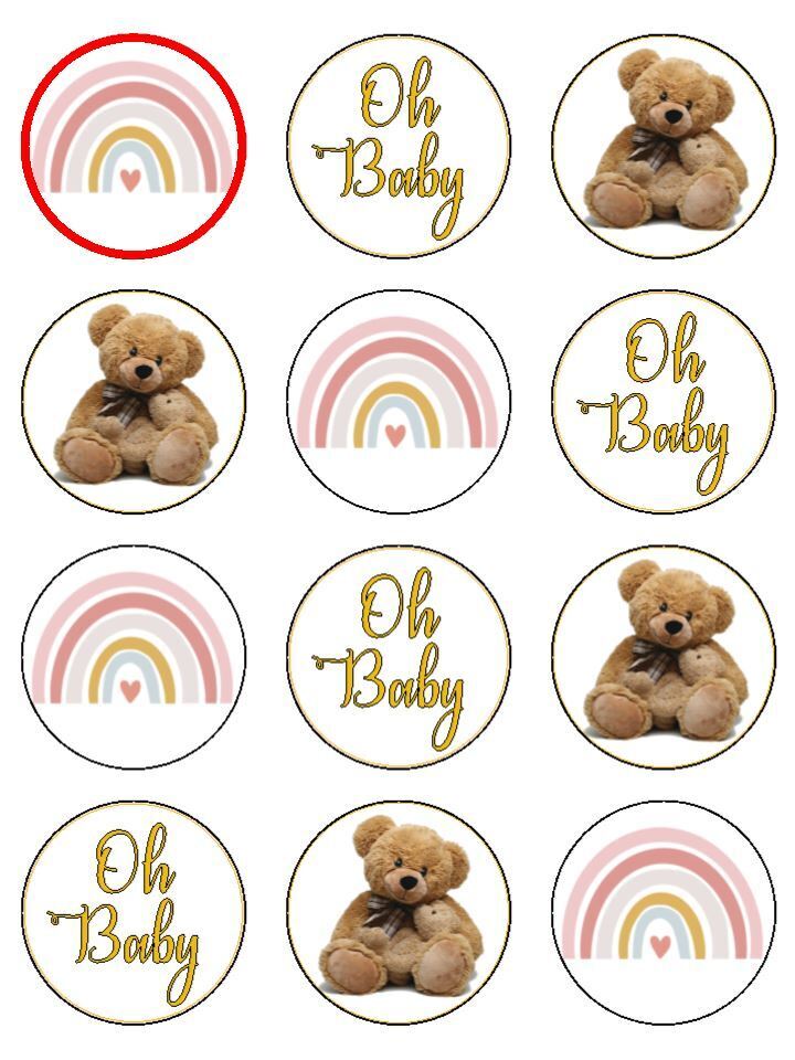 Oh baby pink rainbow gold Edible Printed Cupcake Toppers Icing Sheet of 12 Toppers