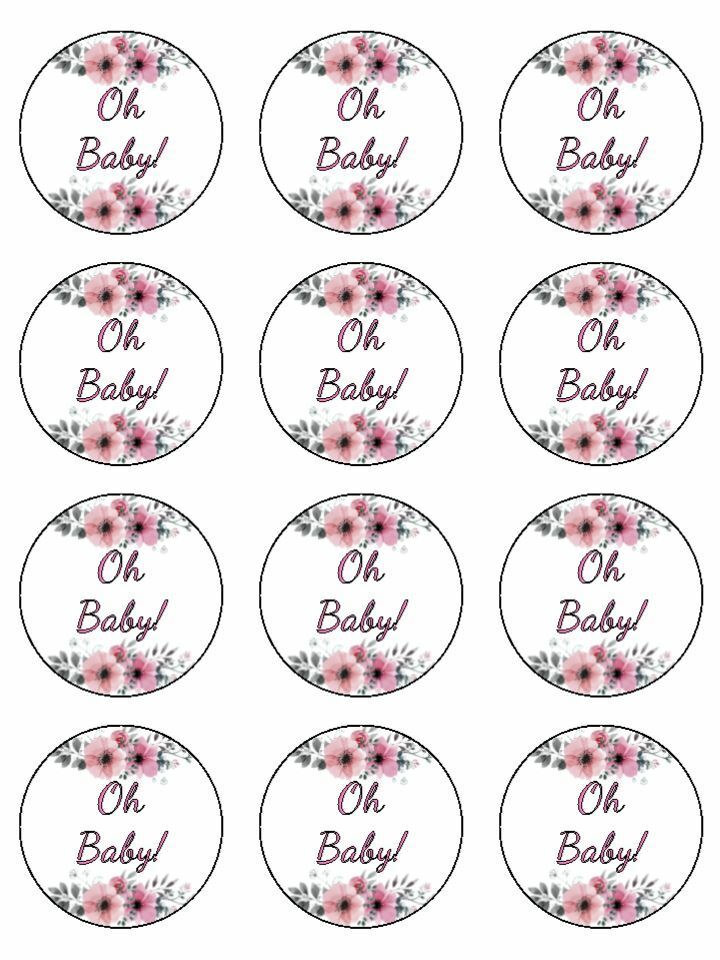 oh baby girly pink grey babyshower Edible Printed Cupcake Toppers Icing Sheet of 12 Toppers