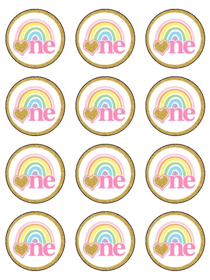 rainbow age 1 1st birthday Edible Printed Cupcake Toppers Icing Sheet of 12 Toppers