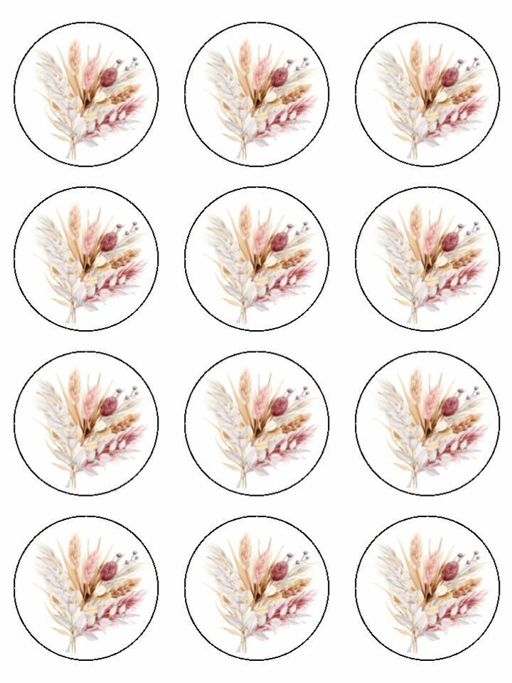 pampas grass floral natural Printed Edible Printed Cupcake Toppers Icing Sheet of 12 Toppers