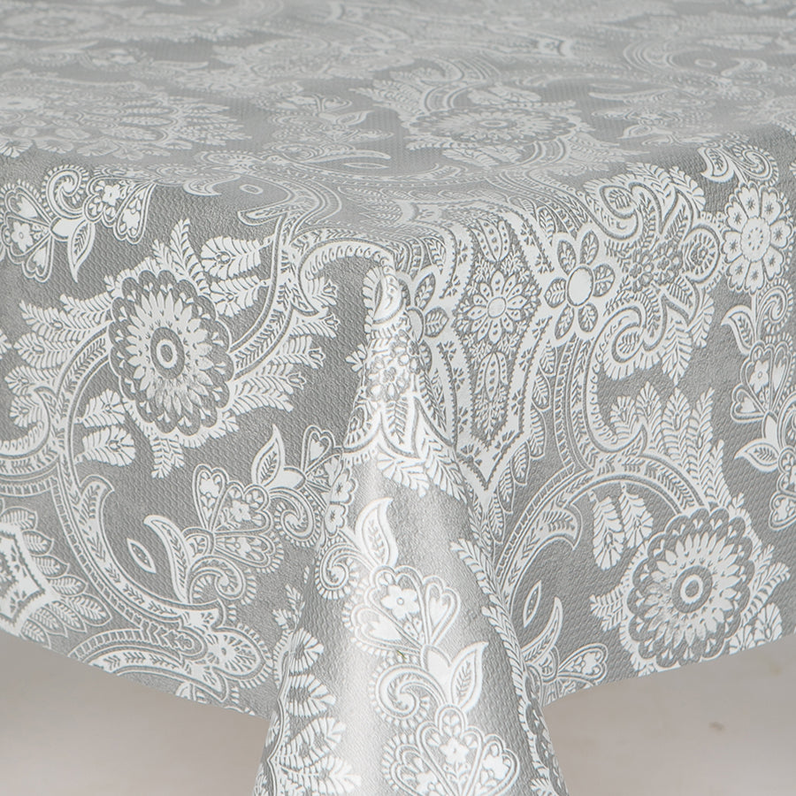 Paisley Grey PVC Wipe Clean Vinyl Table Covering / Table Cloth