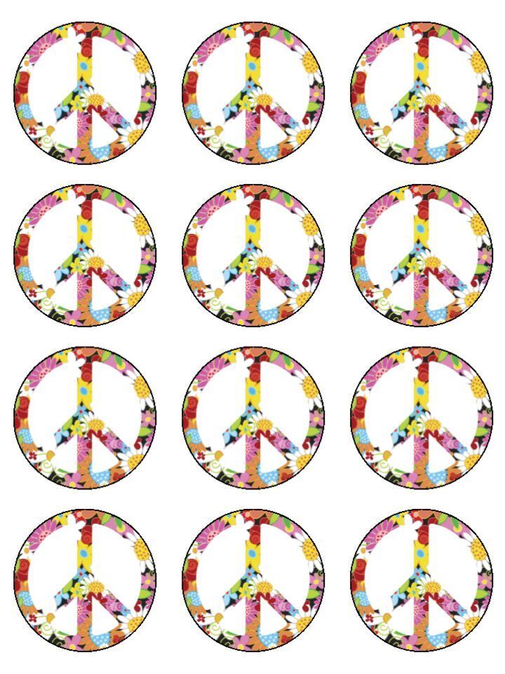 flower power peace sign 70's 1970 Edible Printed Cupcake Toppers Icing Sheet of 12 Toppers
