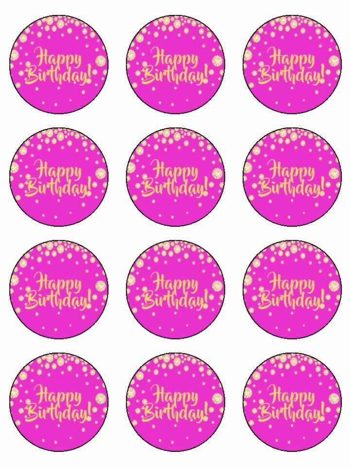 Happy Birthday pink girly birthday Edible Printed Cupcake Toppers Icing Sheet of 12 Toppers