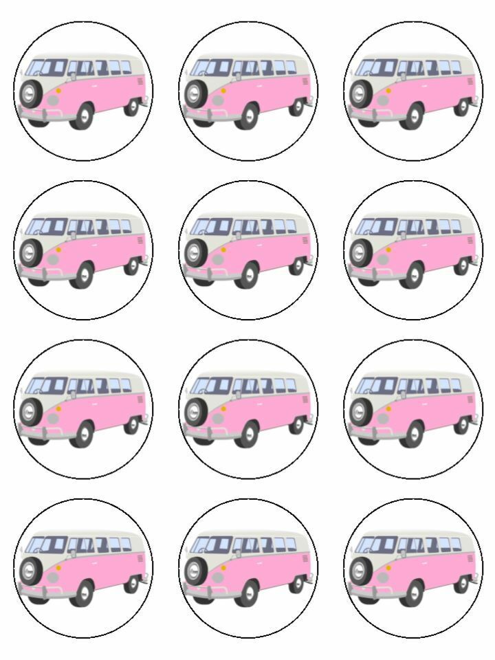 Camping Van camper pink edible printed Cupcake Toppers Icing Sheet of 12 Toppers