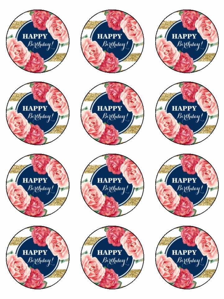 Pretty floral happy birthday edible printed Cupcake Toppers Icing Sheet of 12 Toppers