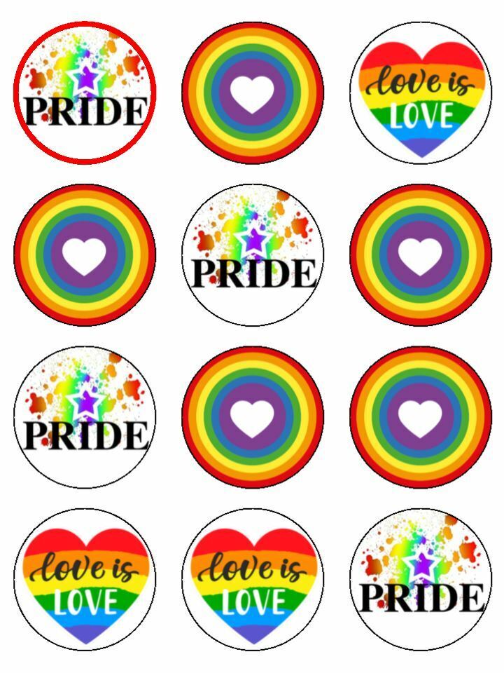 Gay pride rainbow heart edible printed Cupcake Toppers Icing Sheet of 12 Toppers