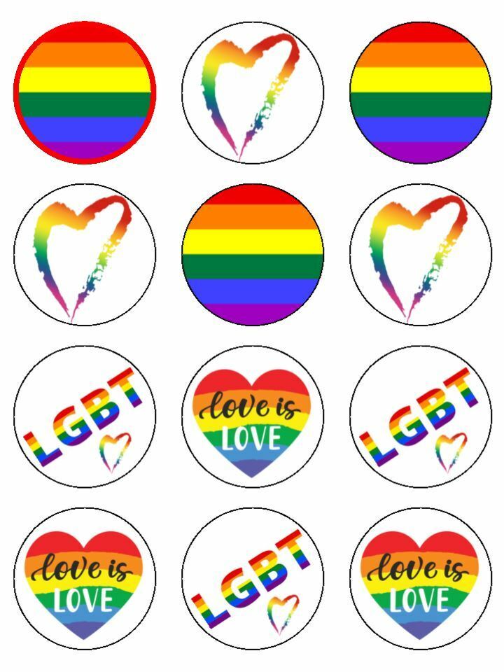 Pride Rainbow LGBT Gay Love edible printed Cupcake Toppers Icing Sheet of 12 Toppers