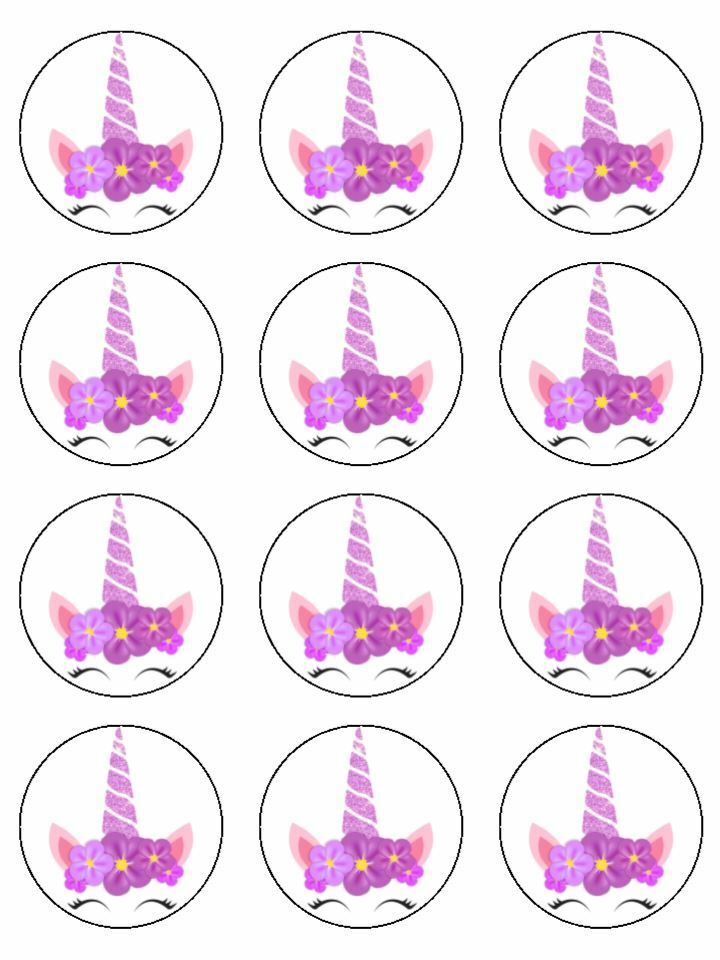 Unicorn horn girly pink purple magical edible printed Cupcake Toppers Icing Sheet of 12 Toppers