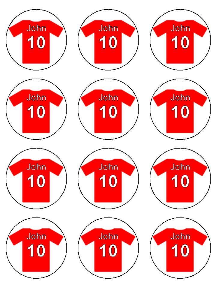 Red football shirt team Name Age personalised Edible Printed Cupcake Toppers Icing Sheet of 12 toppers