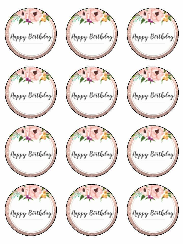 happy birthday rose gold/pink edible printed Cupcake Toppers Icing Sheet of 12 Toppers