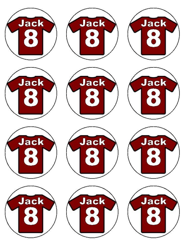 Maroon football shirt personalised Edible Printed Cupcake Toppers Icing Sheet of 12 toppers