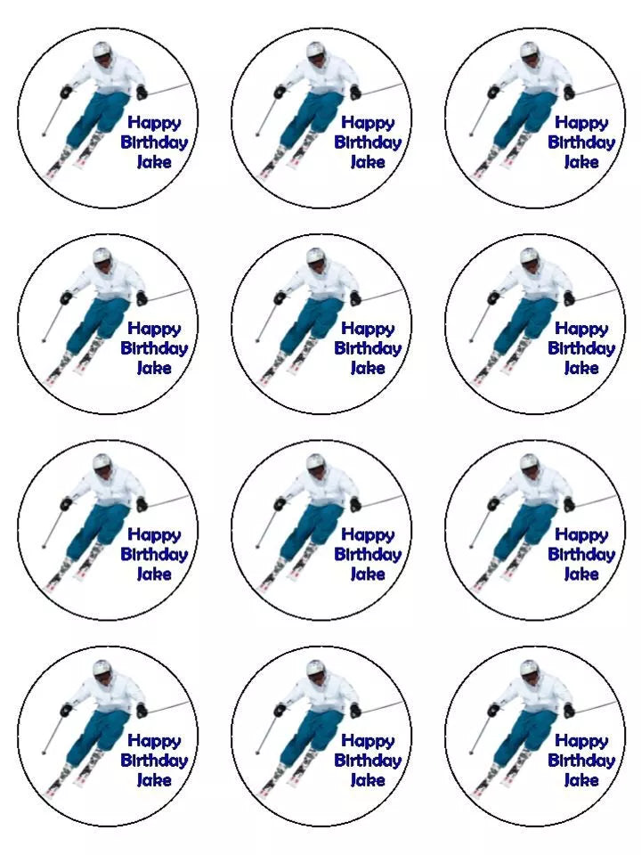 Skiing snow sport skis personalised Edible Printed Cupcake Toppers Icing Sheet of 12 toppers