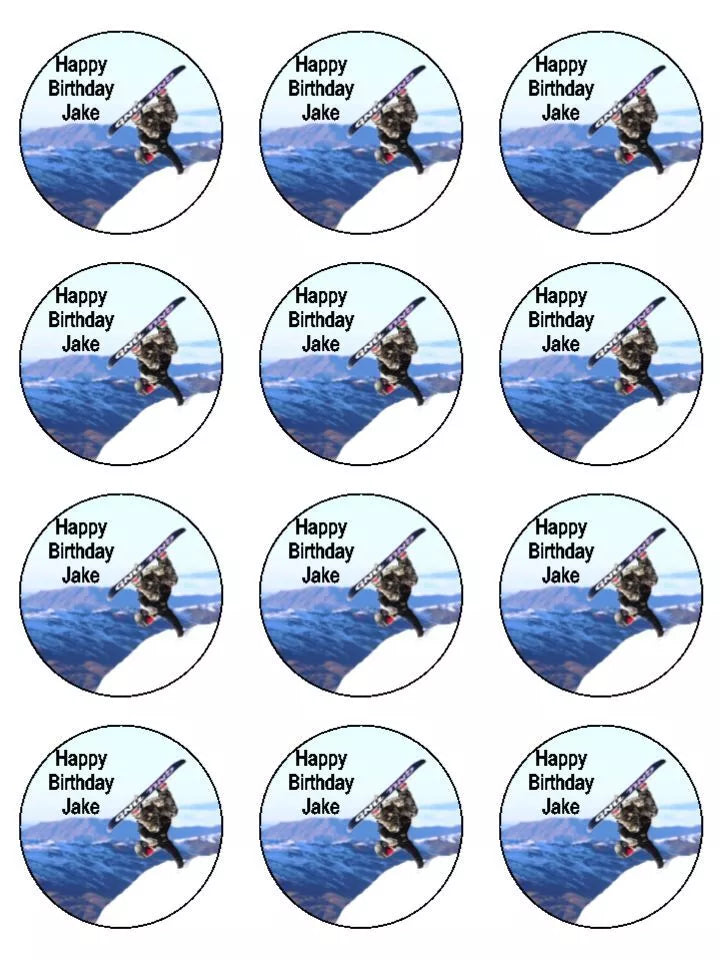 Snowboarding snow sports personalised Edible Printed Cupcake Toppers Icing Sheet of 12 toppers