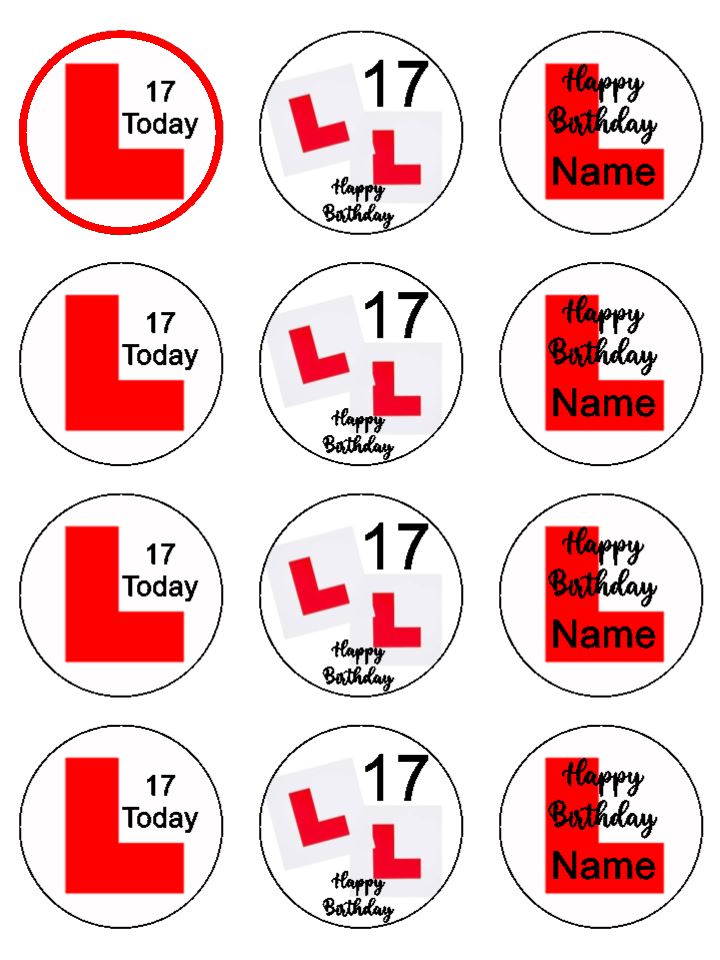 L Plates Learner Driver 17 personalised Edible Printed Cupcake Toppers Icing Sheet of 12 toppers
