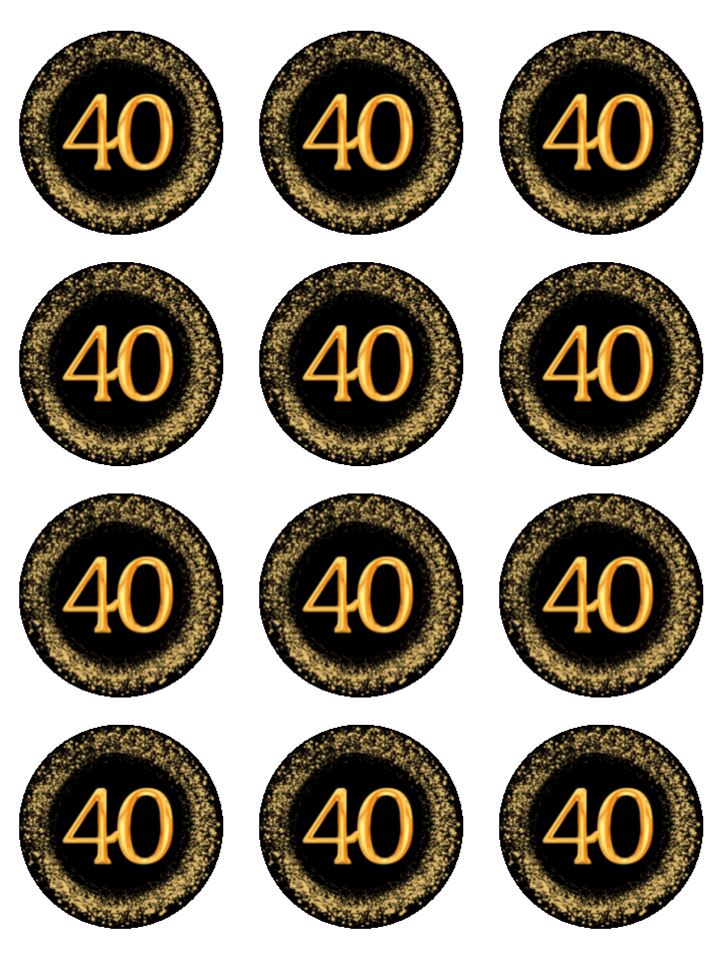 Age Forty 40 40th birthday black and gold theme edible printed Cupcake Toppers Icing Sheet of 12 Toppers