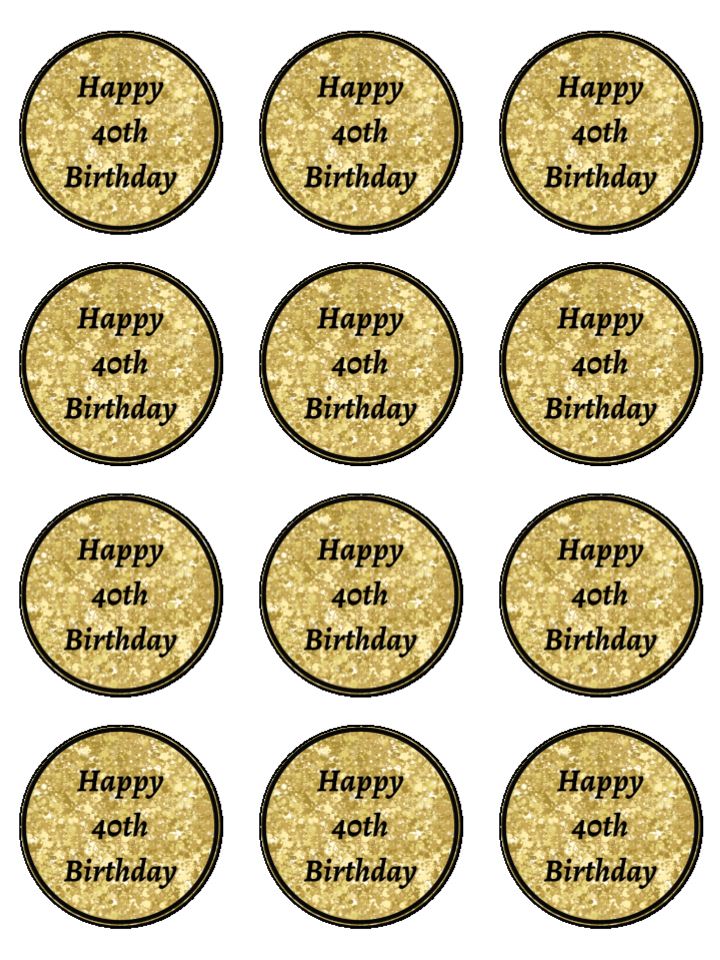 Age Forty 40 Happy 40th birthday black and gold theme edible printed Cupcake Toppers Icing Sheet of 12 Toppers