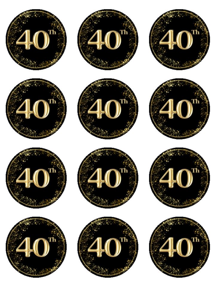 Age Forty 40 40th birthday black and gold theme edible printed Cupcake Toppers Icing Sheet of 12 Toppers