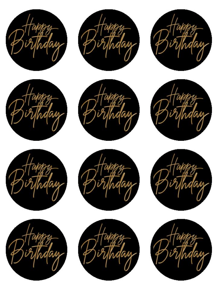 Happy Birthday black and gold theme edible printed Cupcake Toppers Icing Sheet of 12 Toppers
