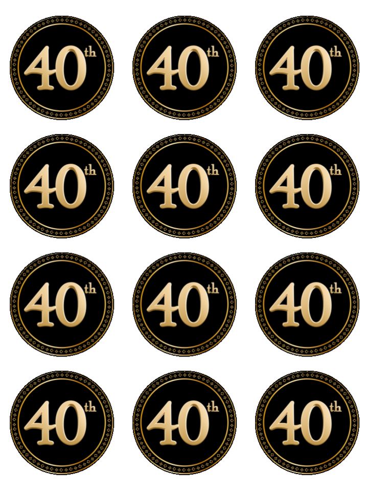 40th Age 40 Birthday black and gold theme edible printed Cupcake Toppers Icing Sheet of 12 Toppers