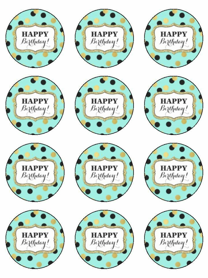 Happy Birthday spotty gold edible printed Cupcake Toppers Icing Sheet of 12 Toppers