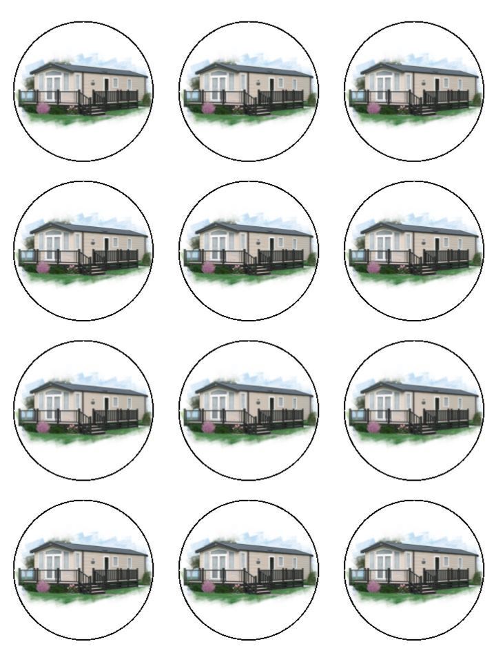 Static caravan holiday home Edible Printed Cupcake Toppers Icing Sheet of 12 Toppers