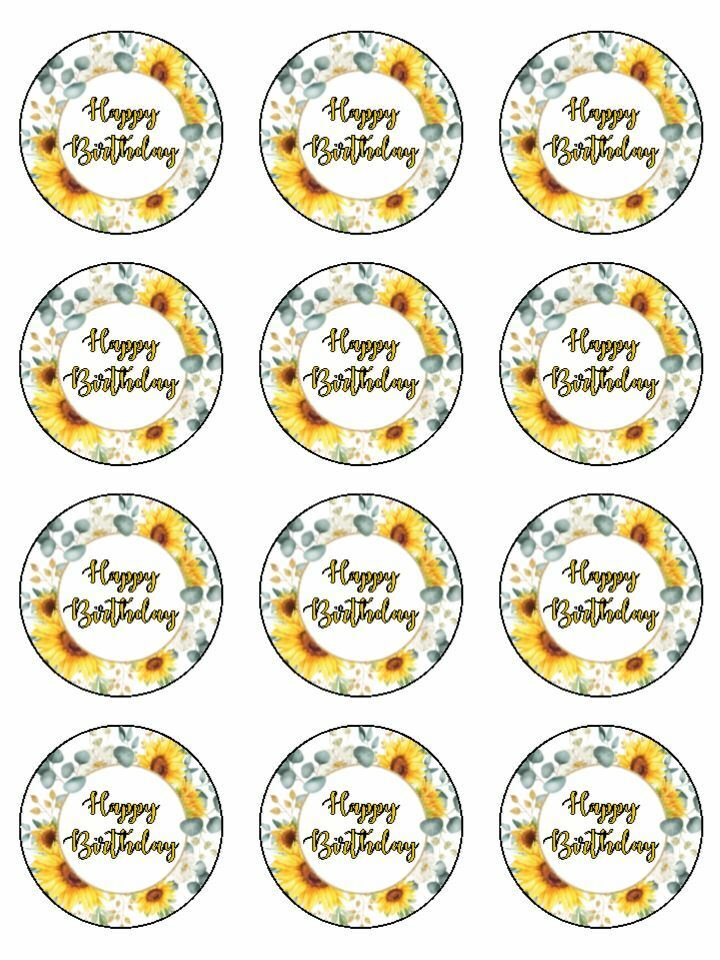 happy Birthday yellow cupcake edible Printed Cupcake Toppers Icing Sheet of 12 Toppers