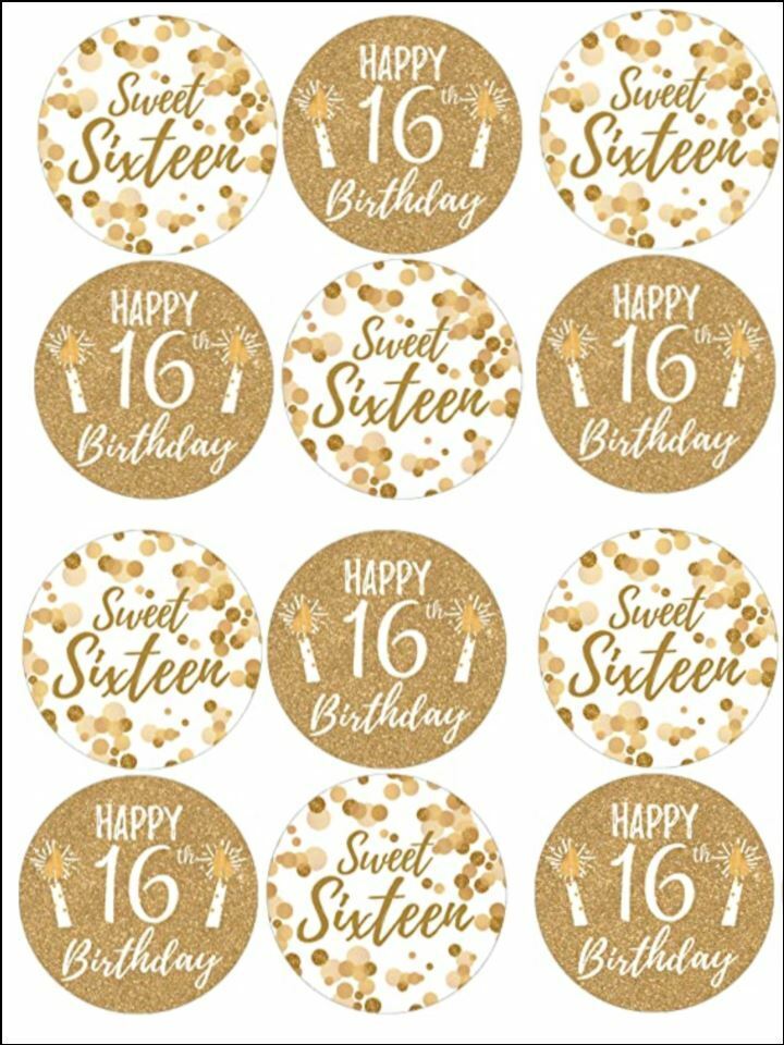 sweet 16 16th birthday gold  edible printed Cupcake Toppers Icing Sheet of 12 Toppers