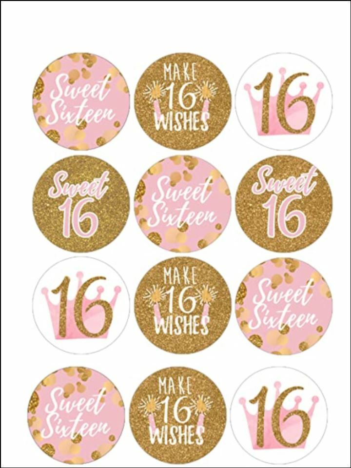 sweet 16 birthday pink gold edible printed Cupcake Toppers Icing Sheet of 12 Toppers