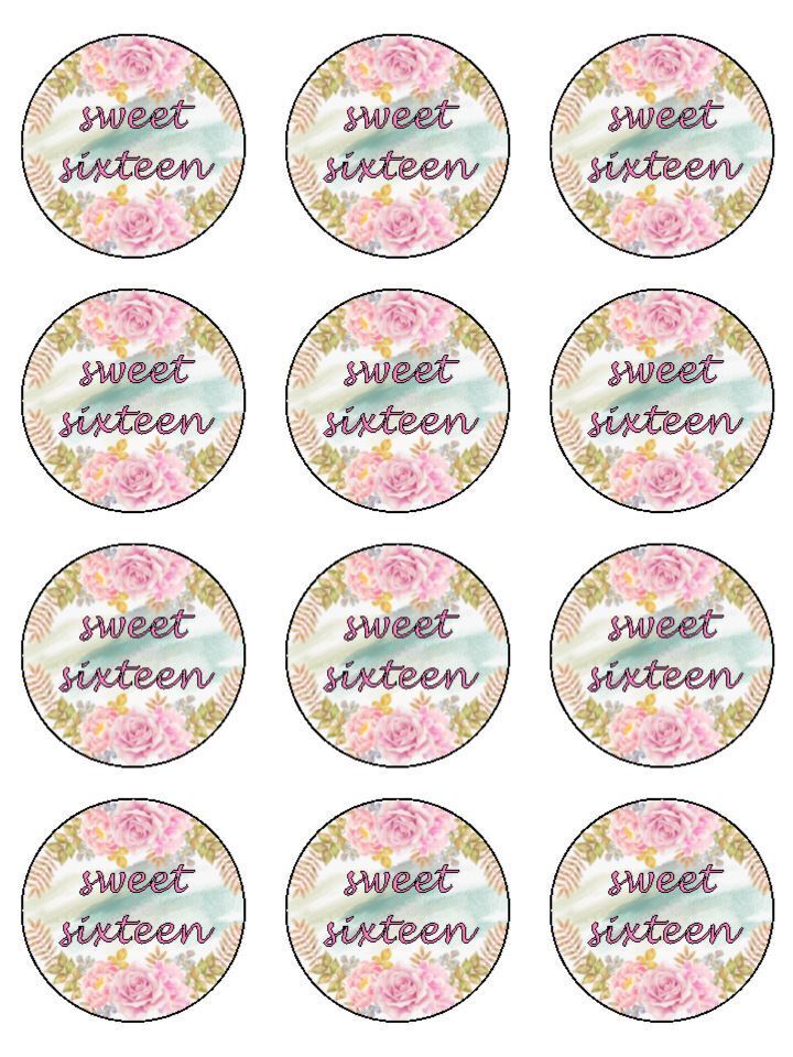 Sweet sixteen 16th birthday Edible Printed Cupcake Toppers Icing Sheet of 12 Toppers